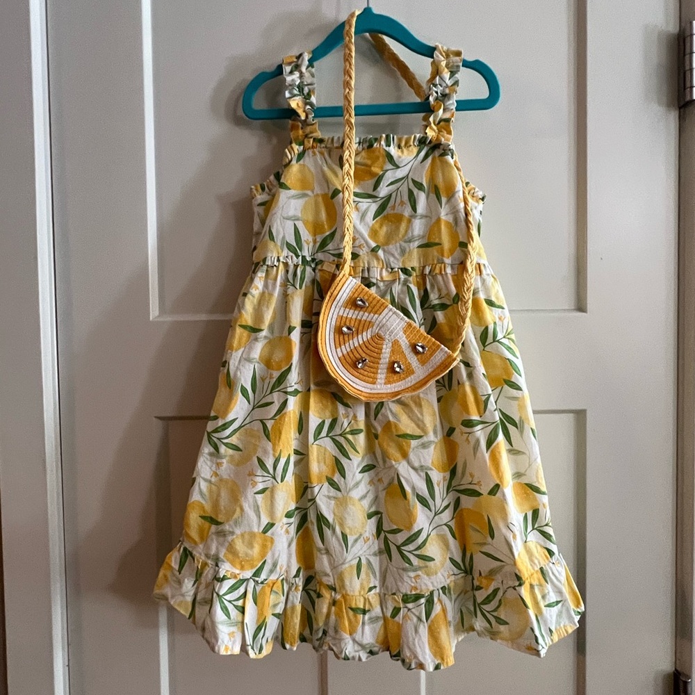 Cynthia Rowley Yellow Lemon Print Girls Dress with Lemon Bag.